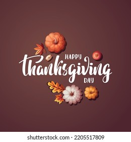 Thanksgiving day card with pumpkins, apples and autumn leaves. Autumn, harvest, holiday, fall concept. Vector illustration.