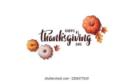 Thanksgiving day card with pumpkins and autumn leaves. Autumn, harvest, holiday, fall concept. Vector illustration.