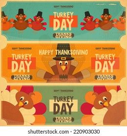 Thanksgiving Day Card. Retro Posters Set with Cartoon Turkey. Vector Illustration.