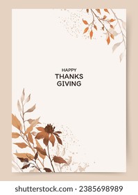 Thanksgiving Day card template with
autumn watercolor foliage and flowers in warm brown tones. Vector illustration for greeting card, wedding invitation, poster, flyer, cover, banner, social media