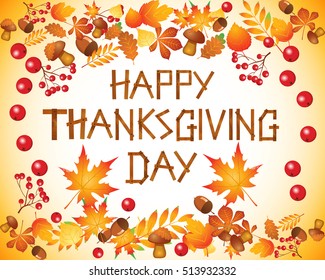 Thanksgiving .Thanksgiving Day card template with leaves, mushrooms,acorns,text on wood background.Happy Thanksgiving Day logotype, badge and icon.Happy Thanksgiving banner, flyer.vector illustration
