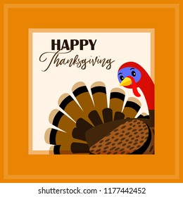 Thanksgiving Day card template with vector cartoon turkey
