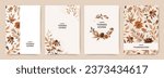 Thanksgiving Day card templates with
autumn watercolor foliage and flowers in warm brown tones. Vector illustration for greeting card, wedding invitation, poster, flyer, cover, banner, social media