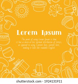 Día de Acción de Gracias - tarjeta con texto y esquema vectorial ilustraciones de calabaza, pavo, manzana, tarta, sombrero, vino y miel para diseño gráfico