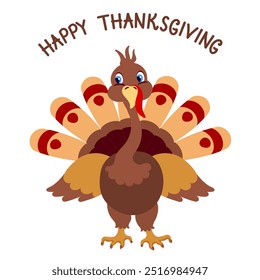 Thanksgiving day card with turkey for greeting postcard with inscription.