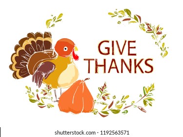 Thanksgiving day card Vector illustration. Cute turkey cartoon character.