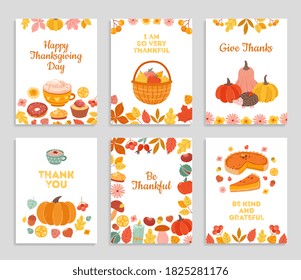 Thanksgiving day cards. Autumn rustic poster, flyers with flowers, pumpkin pie falling leaves. Happy thankful greetings vector illustration