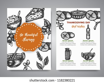 Thanksgiving day cards with hand drawn vector illustration turkey, pumpking and pie retro design Greeting card