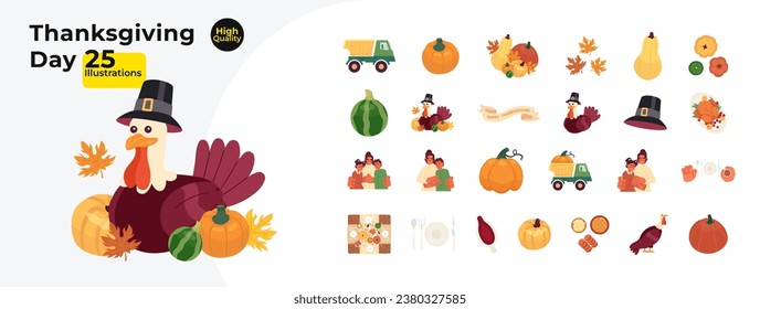 Thanksgiving day cartoon flat illustration bundle. Pilgrim turkey bird, fall pumpkins 2D characters, objects isolated on white background. Hugging family, eating meals vector color image collection