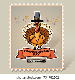 Thanksgiving Day. Cartoon Turkey in pilgrim hat. Thanksgiving illustration. Vector card with a line art cute turkey and ribbon on gray background. Stamp. Mark. Postcard.