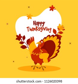 Thanksgiving Day celebration background with Turkey Bird and Autumn Leaves decorated yellow frame for your message.