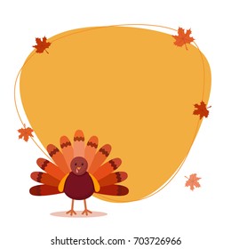 Thanksgiving Day celebration background with Turkey Bird and Autumn Leaves decorated yellow frame for your message.