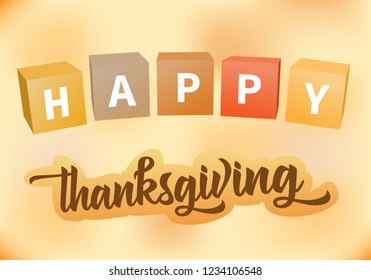 Thanksgiving Day celebration card with lettering. Abstract text banner, letter cubes on light gradient background