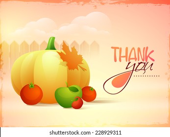 Thanksgiving Day celebration concept with vegetable, fruits and maple leafs, can be used as poster, banner or flyer.