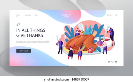 Thanksgiving Day Celebration Concept Website Landing Page. Happy Friends or Family Characters Gathered around Huge Baked Turkey for Festive Dinner Web Page Banner. Cartoon Flat Vector Illustration