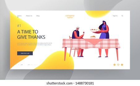 Thanksgiving Day Celebration Dinner Website Landing Page. Young Woman Serving Table Putting Dish with Delicious Meal on Table with Senior Woman Sit Web Page Banner. Cartoon Flat Vector Illustration