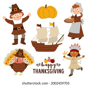 Thanksgiving Day characters set. Vector Autumn icons collection with pilgrims, native Indian, ship, turkey, pumpkin. Cute fall holiday collection