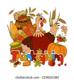 Thanksgiving day. A charming turkey surrounded by the gifts of autumn in the cartoon style.