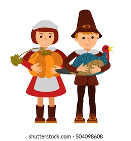 Thanksgiving day children apples and turkey vector illustration. Boy girl in traditional clothes template.