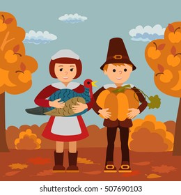 Thanksgiving day children pumpkin and turkey garden vector illustration. Boy girl in traditional clothes template.