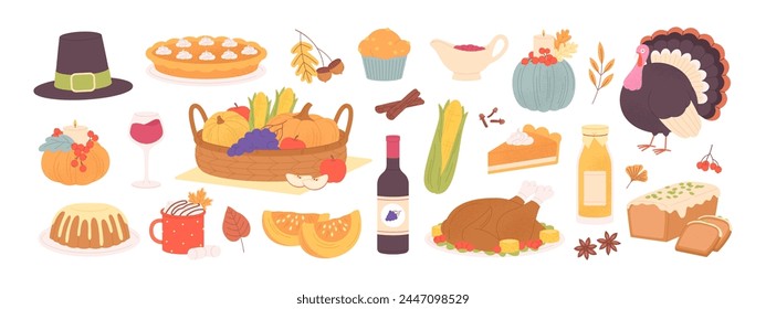 Thanksgiving day clipart. Food and drinks, symbol of festive, cartoon turkey. Autumn harvest festival, pumpkin spice season. Racy vector collection