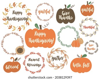 Thanksgiving Day Clipart with Pumpkins, floral elements and greeting quotes. Vector illustration.