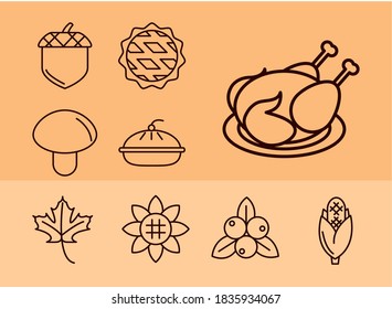 thanksgiving day, collection icons hat pumpkin tree acorn food vector illustration