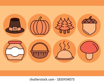 thanksgiving day, collection icons hat pumpkin tree acorn food vector illustration