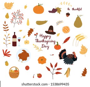 Thanksgiving day collection isolated on white background. Autumn leaves, pumpkins, turkey, hat, pear, apple, squash, corn, wheat, cranberry, wine, pie, grape. HappyThanksgiving Day concept.