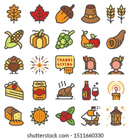 Thanksgiving day color line icon set.