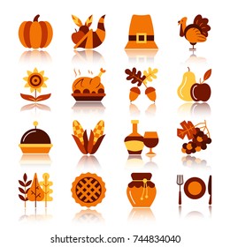 Thanksgiving day color silhouette with reflection icon set. Monochrome flat design vector illustration symbol collection. Simple graphic pictogram pack. Web, print, card, poster, tag, banner concept