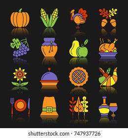 Thanksgiving day color silhouette with reflection icon set. Monochrome flat design vector illustration symbol collection. Simple graphic pictogram pack. Web, print, card, poster, tag, banner concept