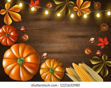 Thanksgiving day colored frame with different size pumpkins and lights on wooden background vector illustration