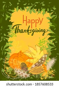 Thanksgiving day colored vector background with pumpkin, feathers and leaves.Thanksgiving poster. Vector illustration