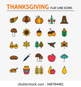 Thanksgiving Day Colorful Flat Line Icons Set. Vector Autumn Seasonal Holiday Modern Outline Icons for Web and Mobile. Thanksgiving Dinner Food Icons Collection.