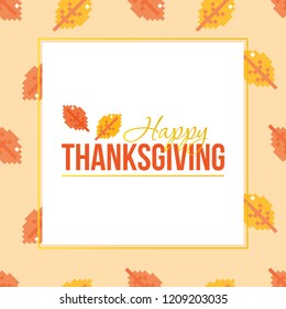 Thanksgiving Day colorful greeting card with autumn, fall pixel leaves seamless pattern background.
