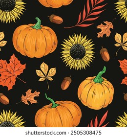 Thanksgiving day colorful pattern seamless with pumpkins and sunflowers or acorns near maple or oak branches vector illustration