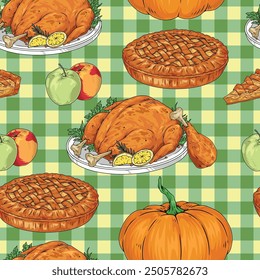 Thanksgiving day colorful pattern seamless with appetizing roast turkey stuffed with apples and butter pie vector illustration