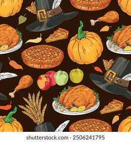 Thanksgiving day colorful pattern seamless with roast turkey and appetizing pie with pilgrim hat decorated with bird feather vector illustration