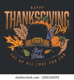 Thanksgiving day colorful poster vintage hat with autumn tree leaves and feather with inscription best wishes vector illustration