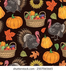 Thanksgiving day colorful seamless pattern with rich harvest and pumpkins near farm turkeys and autumn petals vector illustration