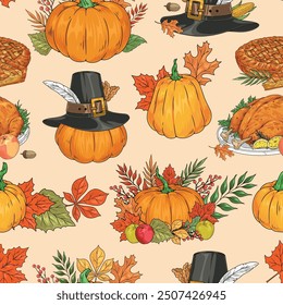 Thanksgiving day colorful seamless pattern with pilgrim hats on pumpkins and roast turkey for family dinner vector illustration