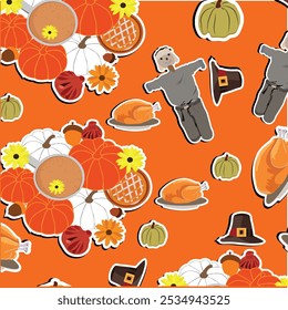 Thanksgiving day colorful seamless pattern with pilgrim hats pumpkins and roast turkey coffee apple pie dumplings sunflowers for family dinner vector illustration