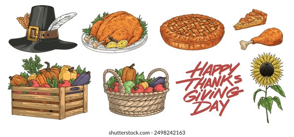 Thanksgiving day colorful set elements with fruits and vegetables from fall harvest near roast turkey and pie vector illustration