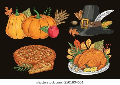 Thanksgiving day colorful set flyers with pumpkin pie and pilgrim hat near roast turkey for holiday table vector illustration