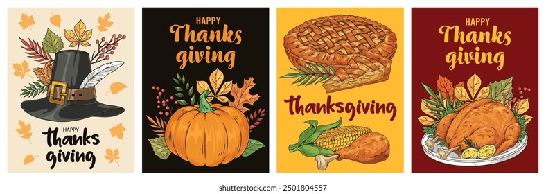 Carteles coloridos del sistema del día de Acción de Gracias con el pastel de calabaza y el sombrero del pavo o del peregrino para la Ilustración vectorial de la invitación del festival del día de fiesta