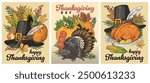 Thanksgiving day colorful set stickers with autumn harvest and classic pilgrim hat near live or roast turkey vector illustration