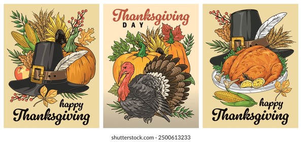 Día de Acción de Gracias colorido conjunto de pegatinas con la cosecha de otoño y el sombrero de peregrino clásico cerca de la Ilustración vectorial de pavo vivo o asado