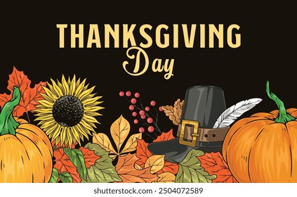 Thanksgiving day colorful vintage poster with pilgrim hat and pumpkins with sunflower for holiday greeting in magazine vector illustration