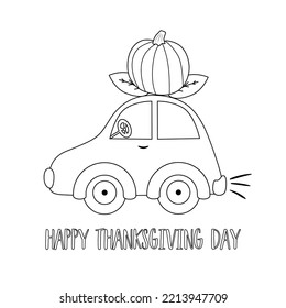 Thanksgiving day coloring page  Pumpkin car coloring book for kids  Black   white cartoon car  Fall harvest vector page to be colored  Easy autumn illustration contour  Game  leisure activity page 